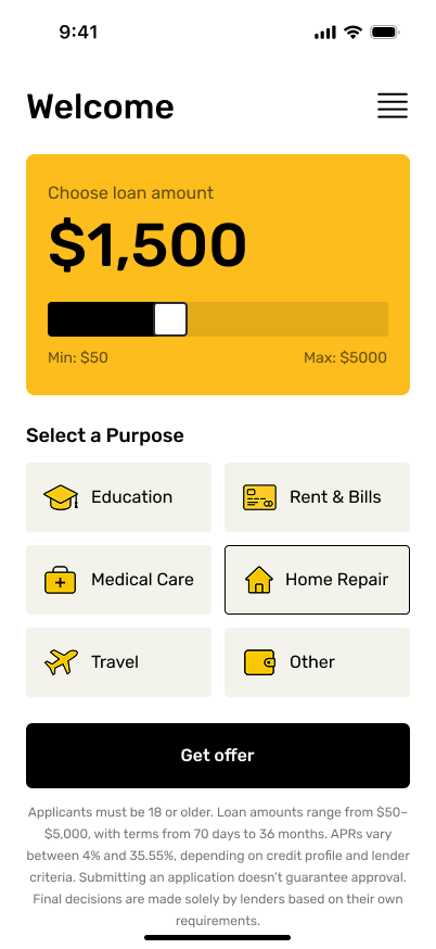 Fast Cash Advance by PN Credit - Loan Offers Screen